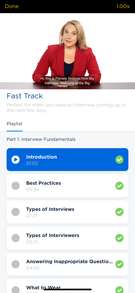 Big Interview - Big Interview app interface showing the Fast Track course playlist for interview preparation video lessons