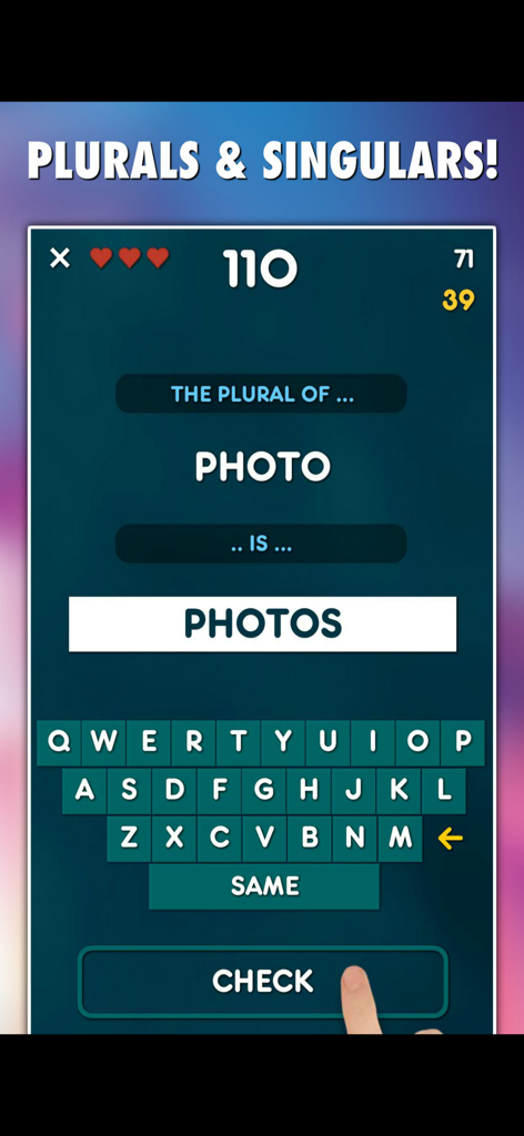 English Grammar Games 10-in-1 - Educational game screen showing a plural and singular word challenge in English Grammar Games app.