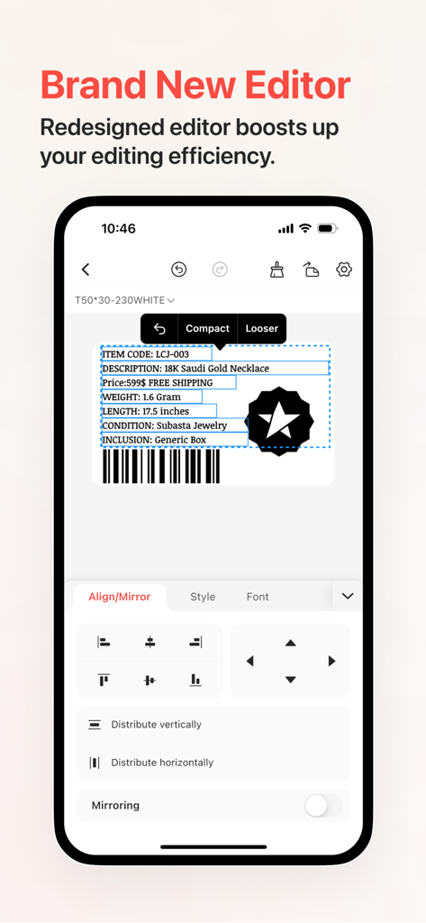 NIIMBOT - Mobile App-Oberfläche des NIIMBOT-Etiketteneditors, die Design-Tools und ein Schmuckprodukt-Etikett zeigt