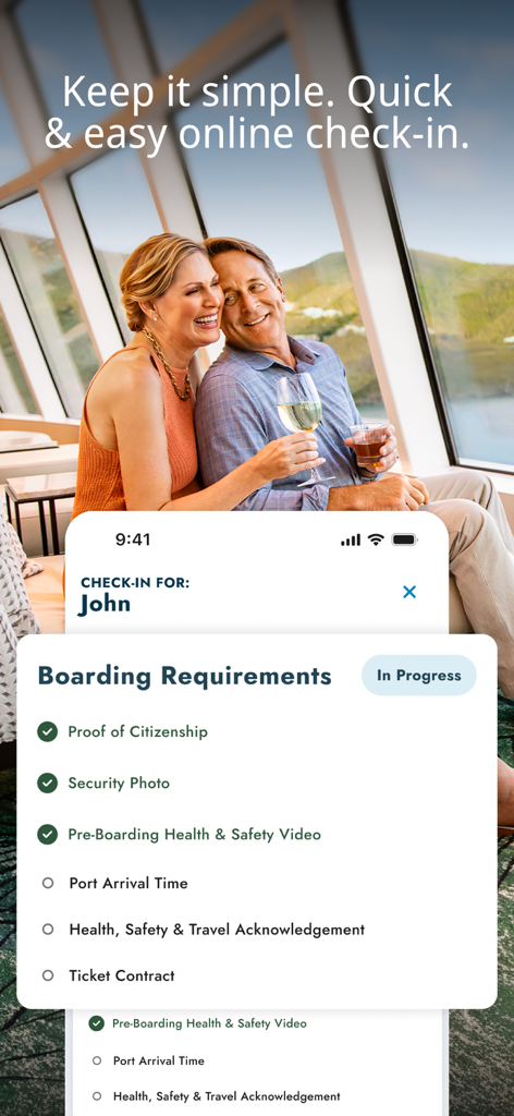Norwegian Cruise Line - Lista de verificación de requisitos de embarque de la aplicación Norwegian Cruise Line para el check-in online.