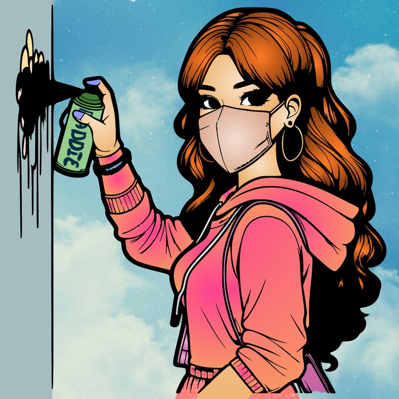 realistic girl with mask spray painting a wall