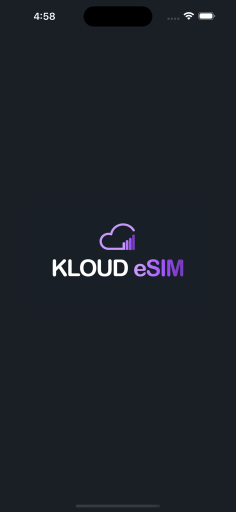 Kloud eSIM - Splash screen of the Kloud eSIM app featuring a purple cloud logo and text on a dark background