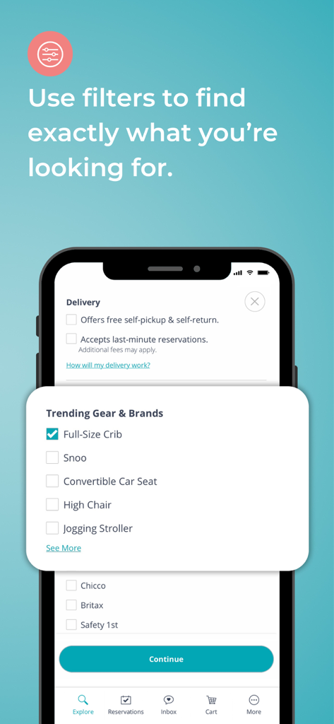 BabyQuip - Baby Gear Rentals - BabyQuipアプリの画面。ベビーベッドやチャイルドシートなど、ベビー用品レンタル用の検索フィルターが表示されています。