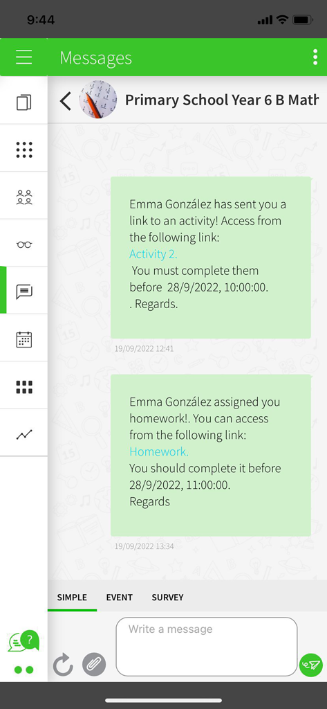 Interfaz de mensajería de la aplicación móvil Blinklearning que muestra notificaciones de tareas y actividades para estudiantes