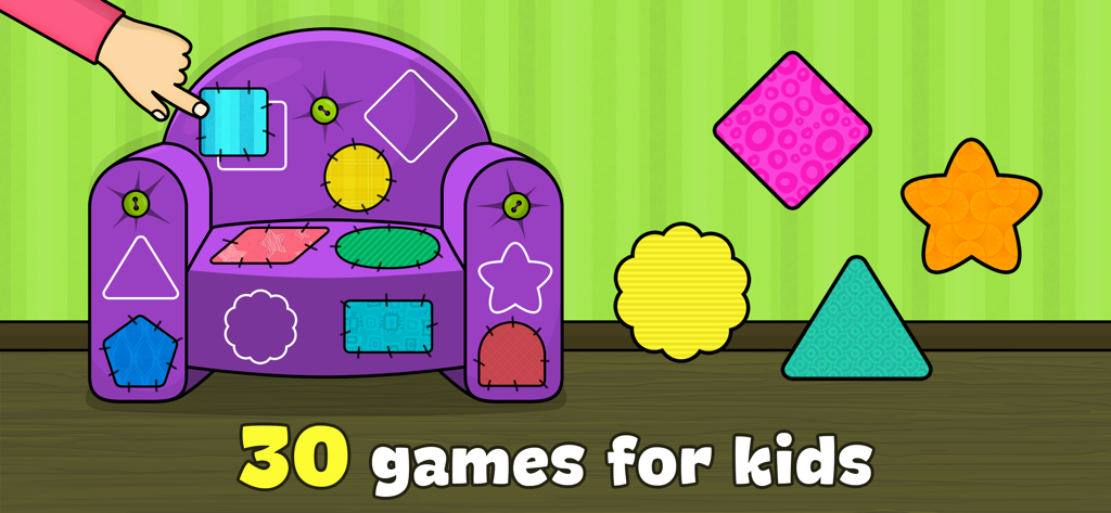 A child matching colorful shapes to their outlines on a purple chair in a learning game