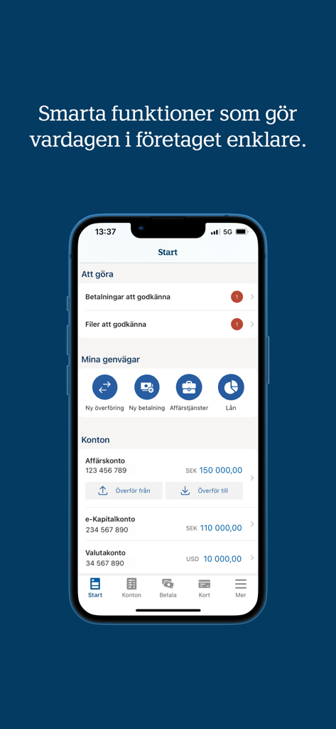 Tela inicial do aplicativo Handelsbanken SE Foretag mostrando saldos de contas empresariais e tarefas pendentes