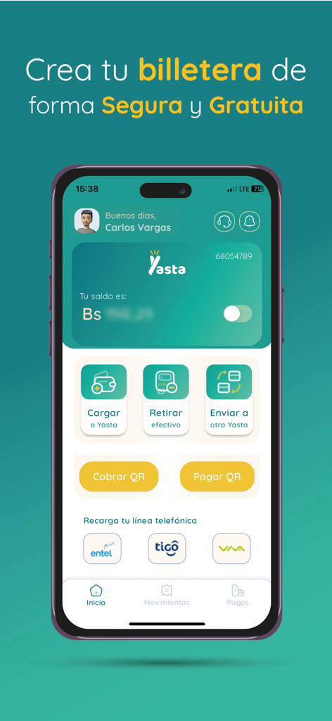 Billetera Yasta - Billetera Yasta app home screen showing account balance QR payment options and mobile recharge for Entel Tigo and Viva