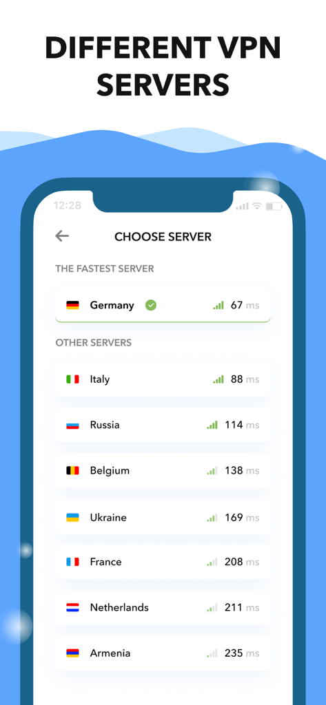 Schermata di selezione dei server di Shark VPN che mostra un elenco di località internazionali e velocità di connessione