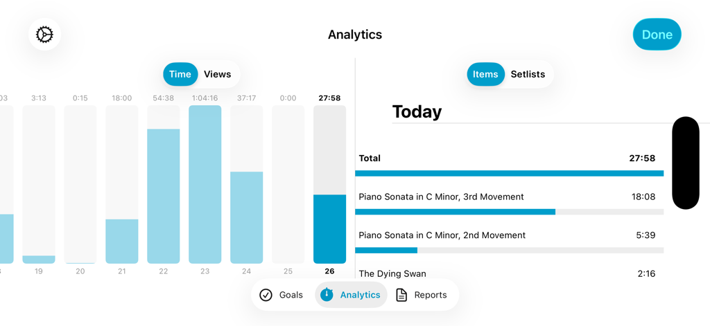 forScore - A dashboard showing practice time analytics for different sheet music pieces in the forScore app