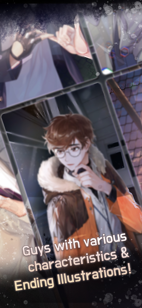 Anime style character cards and ending illustrations featuring a young man with glasses from Dangerous Fellows otome game.
