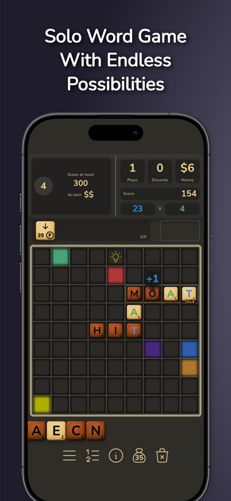 Prosaic - Roguelike Word Game - Prosaicのゲームプレイインターフェース。スコアリングと戦略指標が表示された言葉パズルのグリッドを示しています。