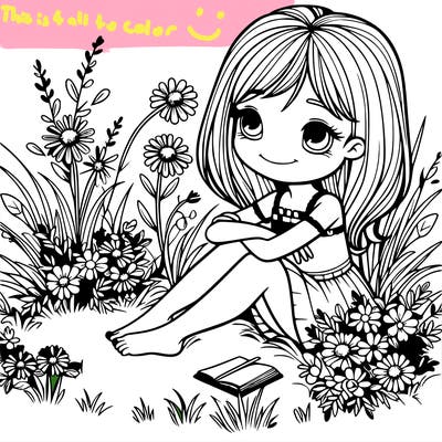 girl sitting in grass and flowers realistic