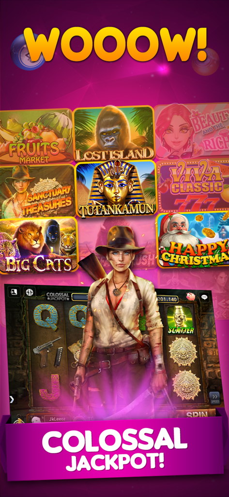 Bingo 90 Live : Vegas Slots - A vibrant display of various themed slot machines in Bingo 90 Live like Tutankhamun and Big Cats with a Colossal Jackpot alert