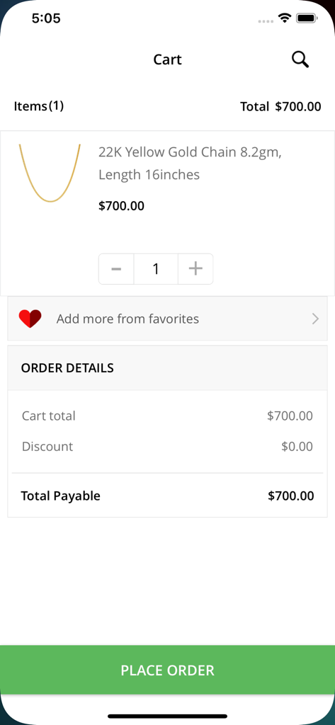 Shopping cart screen in the Virani Jewelers app showing a 22K gold chain and order summary