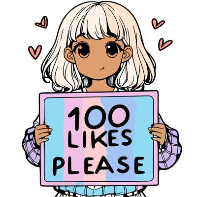 a girl holding a sign saying 100 likes please