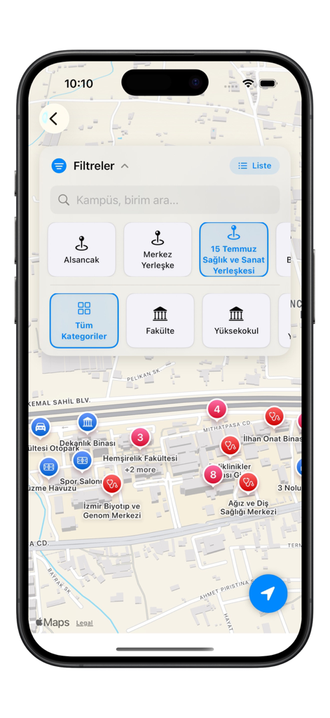 DEU Mobil - DEU Mobil app interactive campus map with university building filters and location pins
