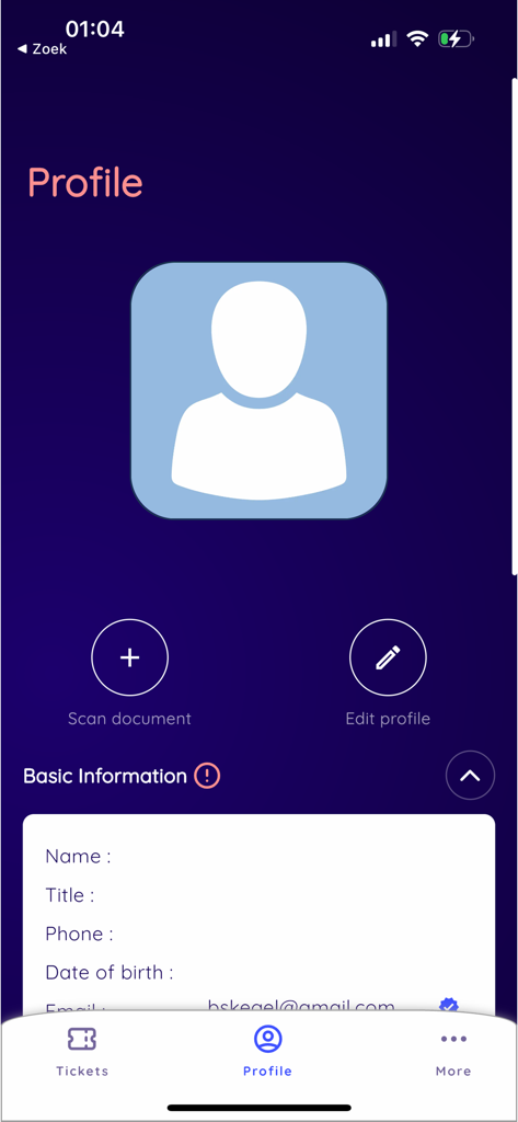FastID - Profile page of the FastID app featuring a placeholder avatar and sections for scanning documents and editing basic user information