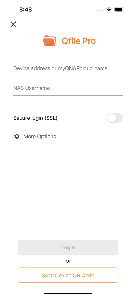 Qfile Pro - Schermata di accesso di Qfile Pro per la connessione a QNAP NAS