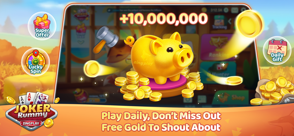 Joker Rummy ZingPlay - Golden piggy bank and coins representing daily free rewards in Joker Rummy ZingPlay.