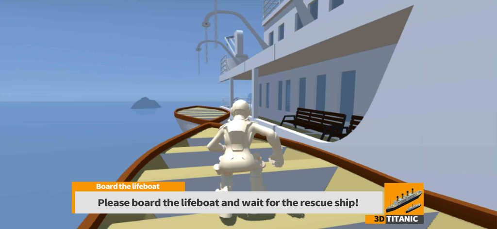 Un personnage 3D embarquant dans un canot de sauvetage à côté du navire Titanic avec des instructions à l'écran pour attendre un navire de sauvetage.