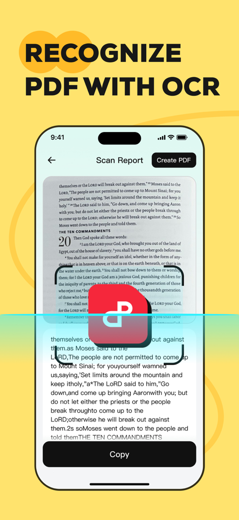 スキャンされたドキュメントからテキストを抽出するためにOCR技術を実演するモバイルアプリの画面