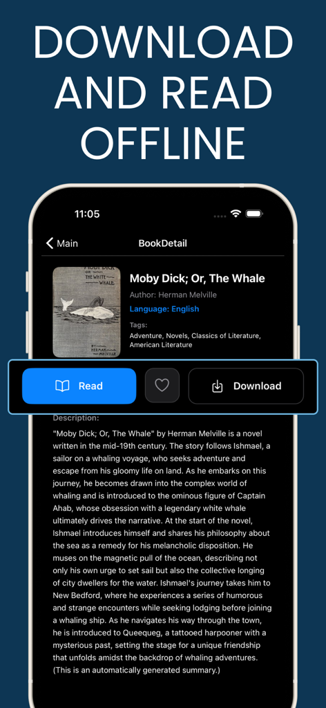 Schermata dell'app Progetto Gutenberg che mostra i dettagli del libro per Moby Dick con pulsanti per leggere e scaricare per l'accesso offline