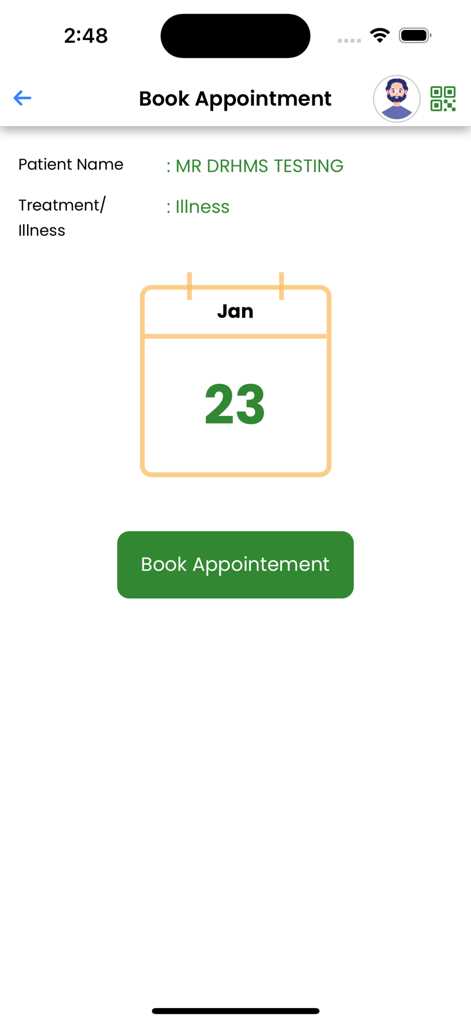 Schermata dell'app mobile MHealth plus che mostra l'interfaccia di prenotazione appuntamenti con dettagli paziente e data del calendario