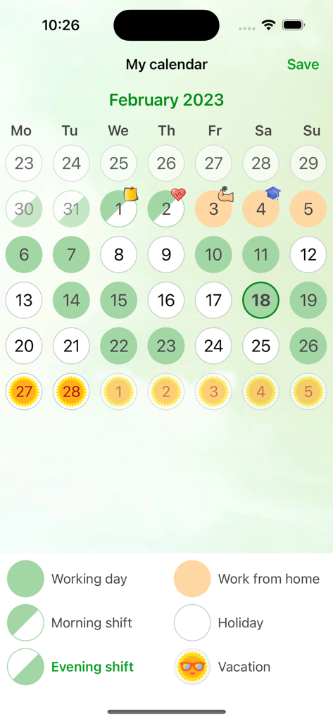 My Calendar - Shift schedule - Monthly calendar interface of the My Calendar app showing color-coded work shifts and vacation days.