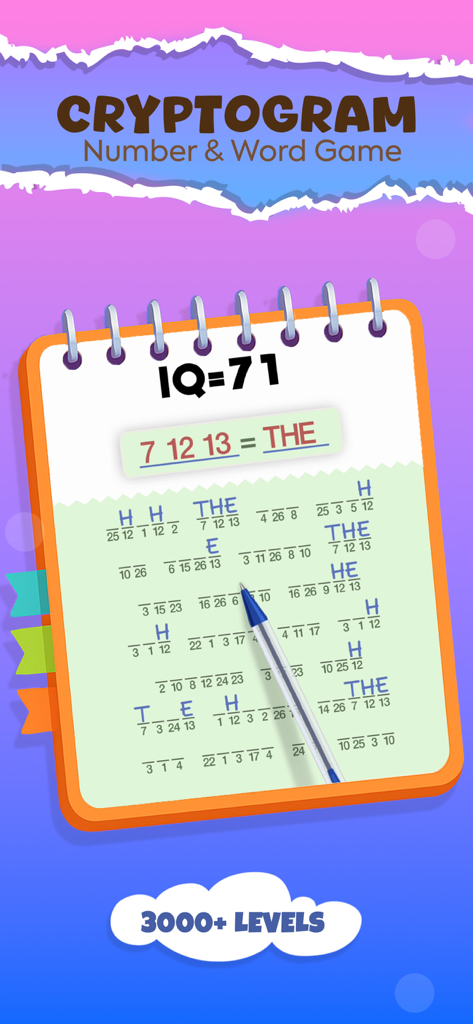 Cryptogram: Number & Word Game - Cryptogram game screen showing a word decoding puzzle on a notebook