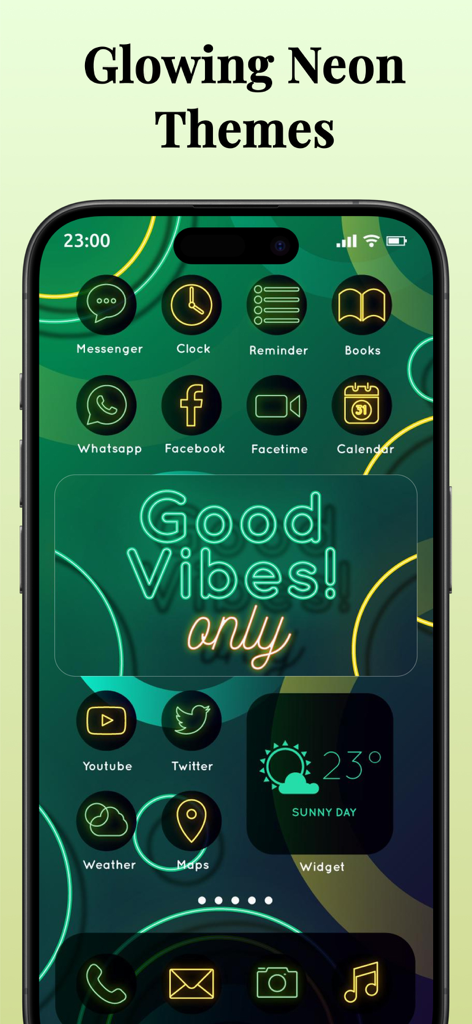 iPhone home screen with a green glowing neon theme featuring custom app icons and a good vibes widget