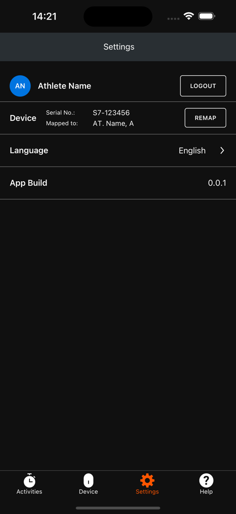 Schermata delle impostazioni dell'app Catapult Athlete che mostra il profilo dell'atleta, la mappatura del dispositivo e le opzioni della lingua