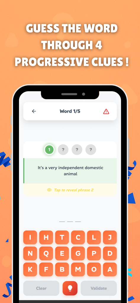 Pantalla de juego de Adivina la Palabra que muestra un puzle de palabras con cuatro pistas progresivas y un teclado de letras