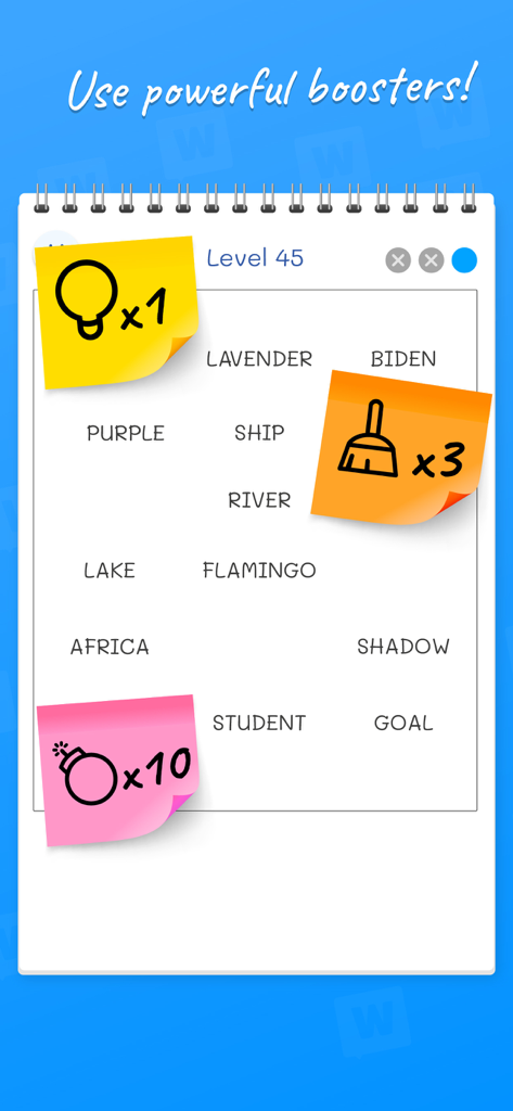 Word Match: Connections Game - Word Match Connections Game level 45 showing lightbulb broom and bomb power-up boosters on a word grid