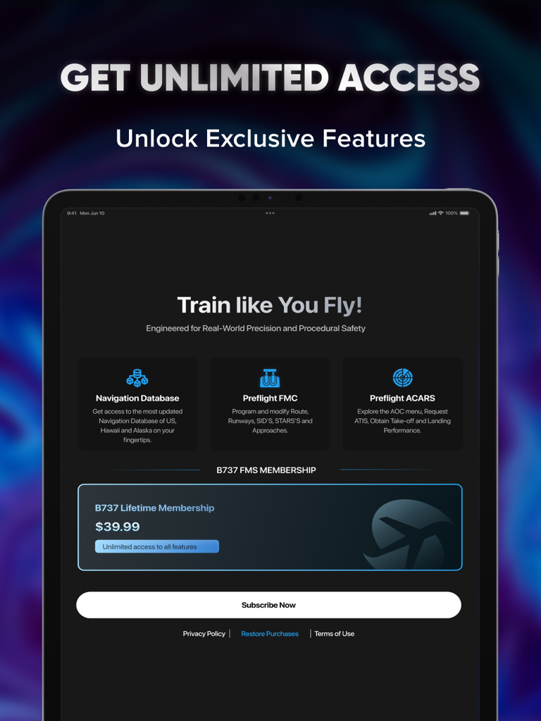 B737 FMS Trainer app subscription screen on iPad offering a lifetime membership for 39.99 dollars