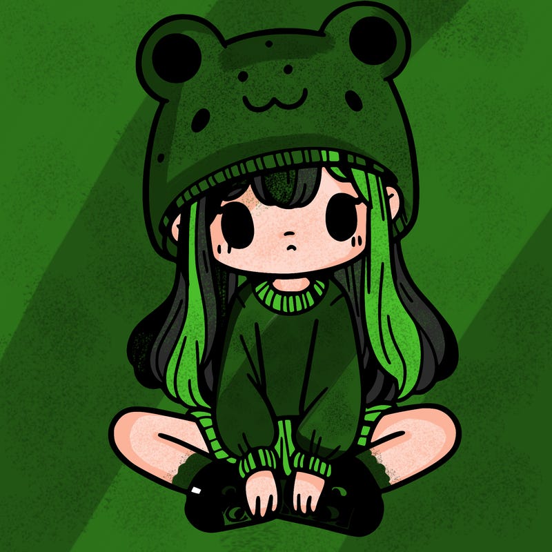 a girl wearing a frog hat and some frog socks