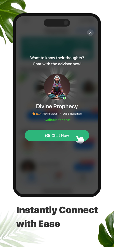 A mobile screen showing the Dimood app interface with a spiritual advisor profile and a button to start a live chat.