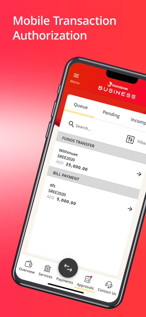 RAKBANK Business - RAKBANK Business app screen displaying mobile transaction authorization with a queue of pending funds transfers and bill payments