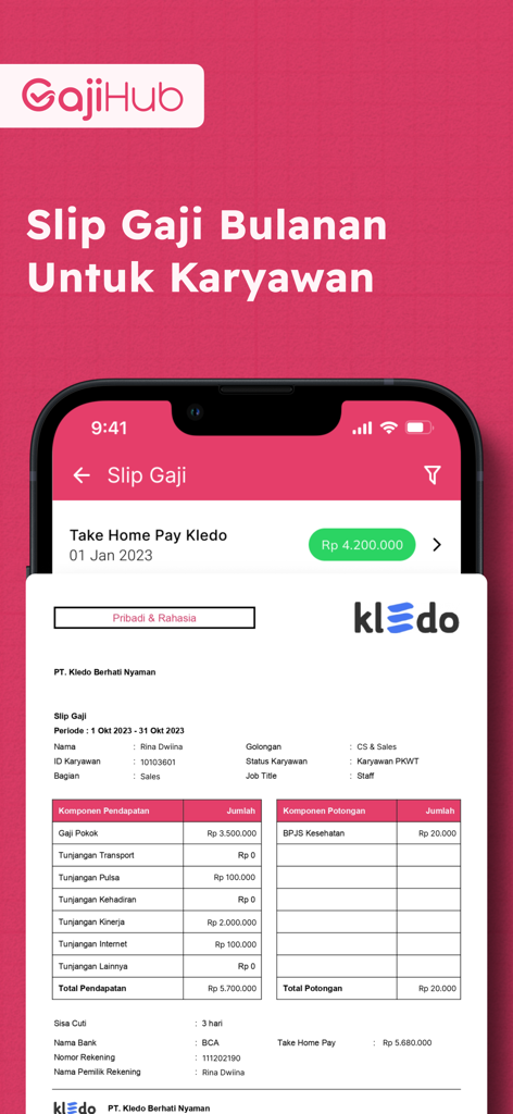 Gajihub - Payroll & Absensi - Interface do aplicativo móvel mostrando um contracheque mensal digital e detalhes do salário líquido recebido.