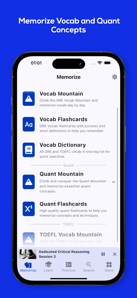 GregMat - GRE and TOEFL Prep - GregMat app Memorize screen featuring Vocab Mountain and Quant Flashcards for GRE and TOEFL preparation