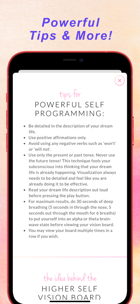 Vision Board Manifestation - Una pantalla móvil que muestra consejos para una autoprogramación poderosa en la aplicación Manifestación con Tablero de Visión.