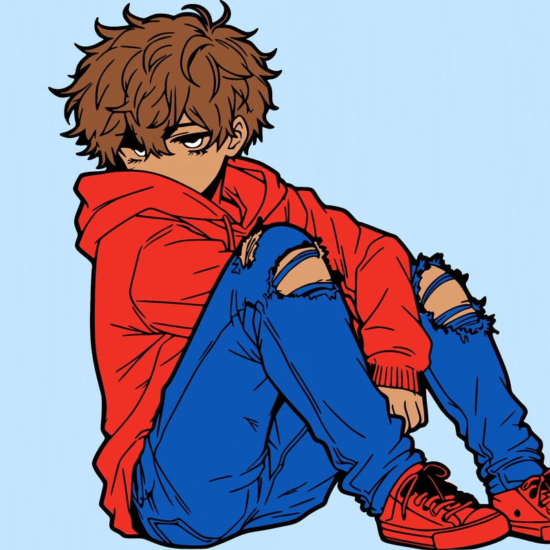 a male hoddie ripped jeans messy hair anime