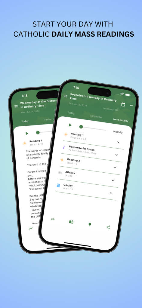 Catholic Daily Mass Reading - Two iPhones showing the daily mass readings interface with scripture text and liturgical schedule