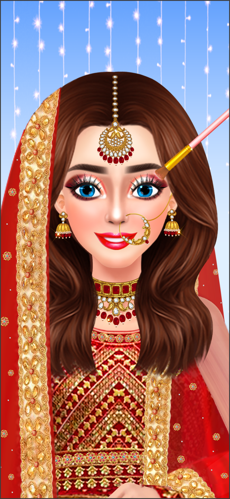 Indian Bridal Dress Up- Makeup - Maquillaje de novia india mostrando vestido rojo tradicional, joyas doradas y aplicación de maquillaje de ojos