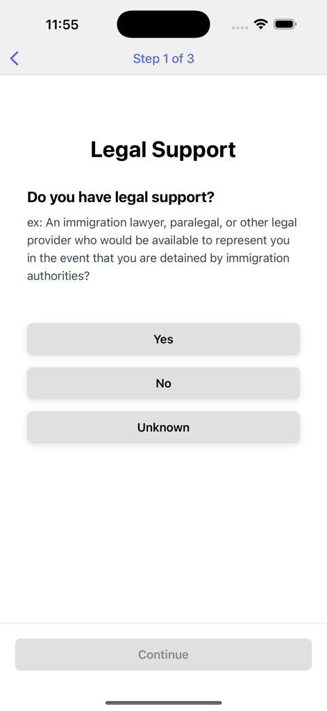 Schermata dell'app ReadyNow che chiede agli utenti se hanno accesso al supporto legale durante il processo di configurazione.