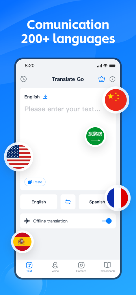 AI Translate Go app main interface with text translation and offline mode toggle