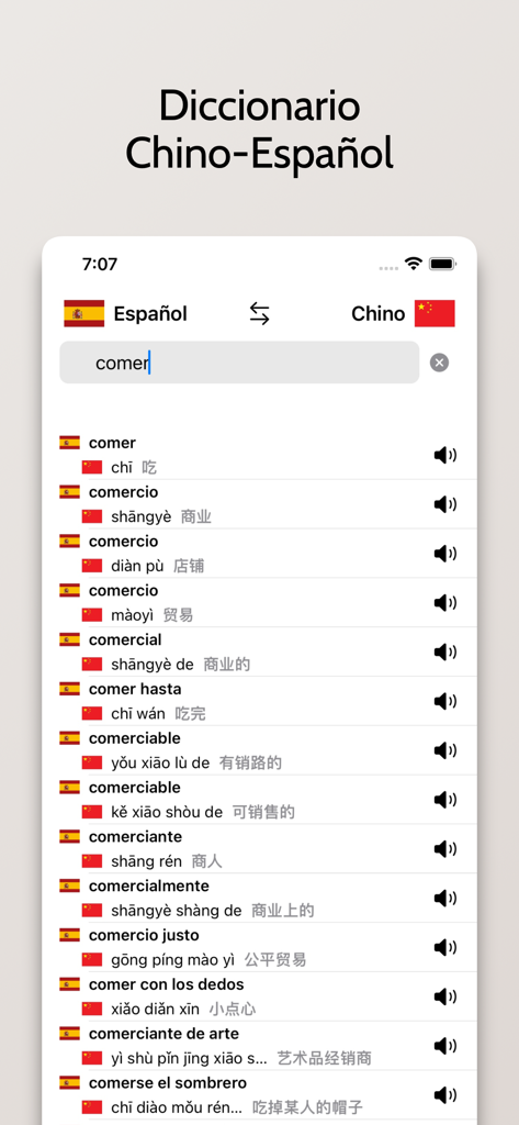 Chino simplificado-Español - Interfaz de la aplicación de diccionario Chino Español mostrando resultados de traducción para la palabra comer