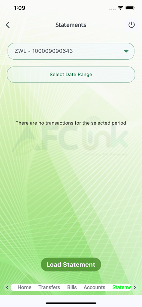 Tela de extratos do aplicativo AFC Link mostrando a seleção da conta ZWL.