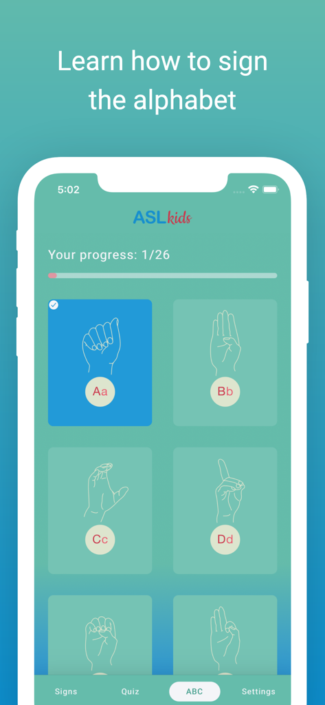 ASL Kids - School - Ein mobiler App-Bildschirm mit Handzeichendarstellungen zum Erlernen des amerikanischen Gebärdensprachenalphabets mit den Buchstaben A, B, C und D