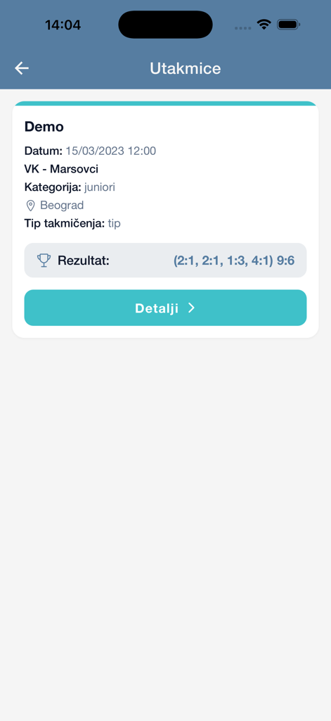 Treniraj lako - Clan - Mobile screen showing sports match results and details within the Treniraj lako app.