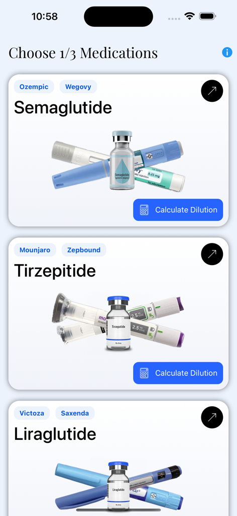 Medication selection screen in SemaCalc app showing Semaglutide Tirzepatide and Liraglutide options
